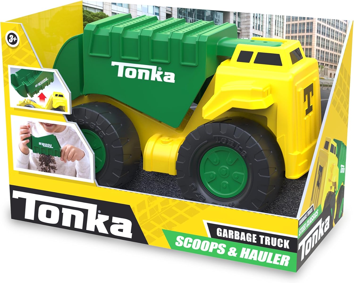 Tonka Steel Classics | Camion della spazzatura con paletta e trasportatore | Veicolo da costruzione, design robusto, effetti sonori realistici, cabina luminosa, giocattoli all'aperto per bambini