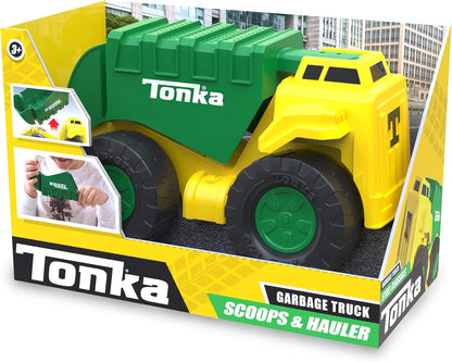 Tonka Steel Classics | Camion della spazzatura con paletta e trasportatore | Veicolo da costruzione, design robusto, effetti sonori realistici, cabina luminosa, giocattoli all'aperto per bambini