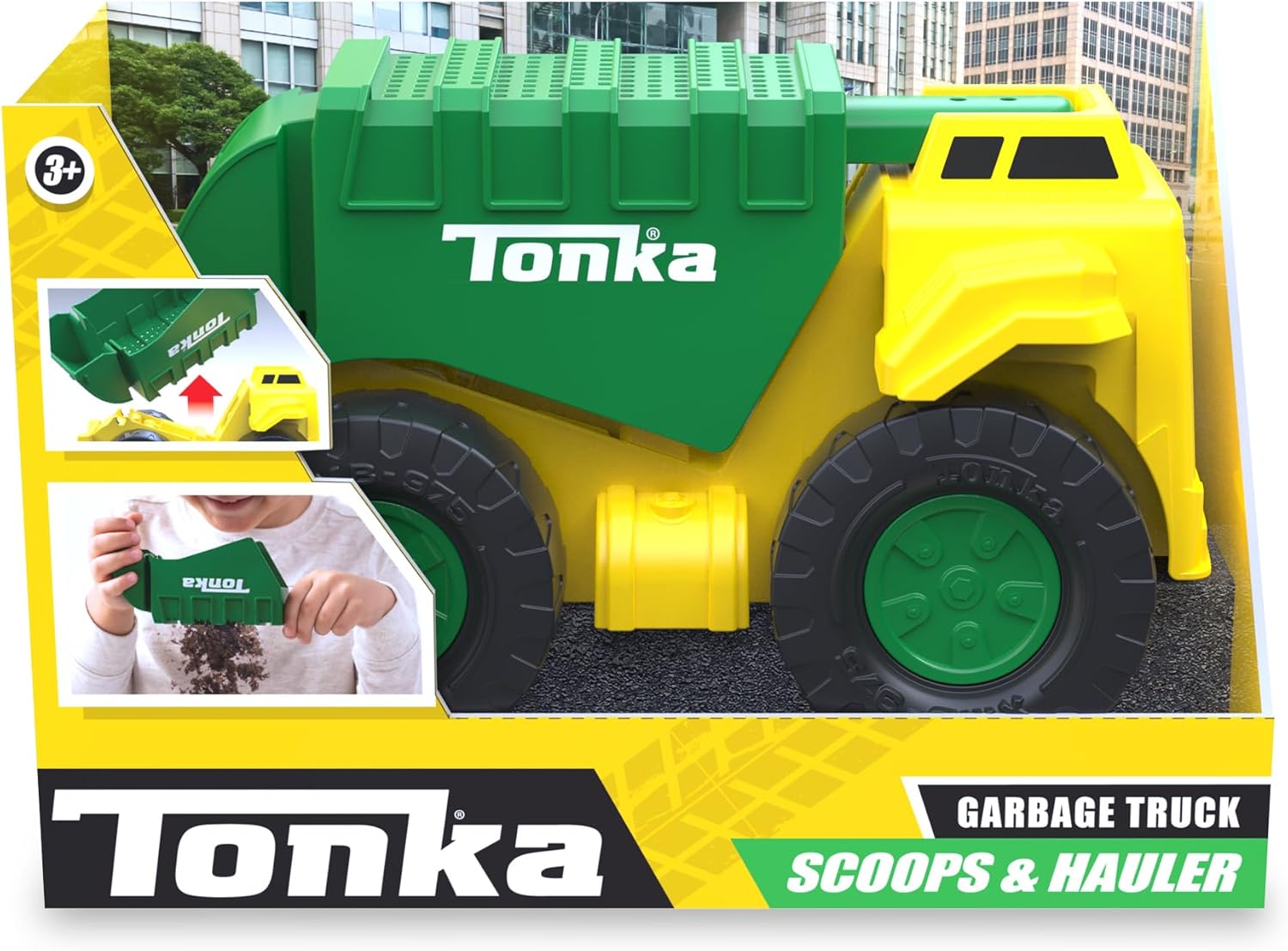 Tonka Steel Classics | Camion della spazzatura con paletta e trasportatore | Veicolo da costruzione, design robusto, effetti sonori realistici, cabina luminosa, giocattoli all'aperto per bambini
