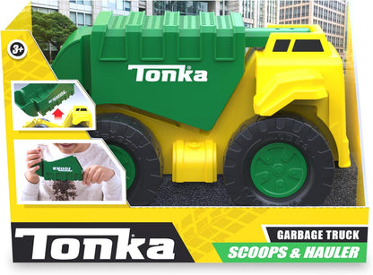 Tonka Steel Classics | Camion della spazzatura con paletta e trasportatore | Veicolo da costruzione, design robusto, effetti sonori realistici, cabina luminosa, giocattoli all'aperto per bambini