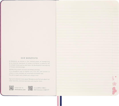 Moleskine Cuaderno Sakura, Cuaderno A Rayas, Tapa Dura En Tela Y Cierre Elástico, Con Tarjeta De Felicitación Y Pegatinas Temáticas, Tamaño Grande 13 x 21 cm