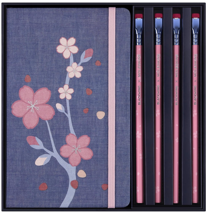 Moleskine Sakura Gift Set, Set of 4 Hard Blackwing Pencils and Two Notebooks with Ruled and Blank Pages, Large Size 13 x 21 cm, with Reusable Fabric Gift Box