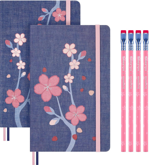 Moleskine Sakura Gift Set, Set of 4 Hard Blackwing Pencils and Two Notebooks with Ruled and Blank Pages, Large Size 13 x 21 cm, with Reusable Fabric Gift Box