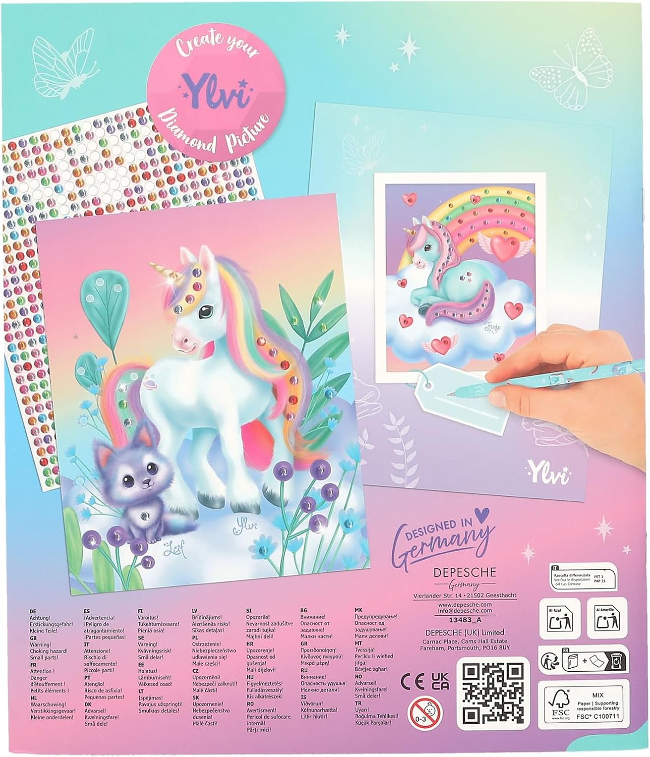 Depesche 13483 Ylvi Sticker Book with 10 Pages Unicorn Motifs for Decorating, Includes Glittering Gems for Sticking