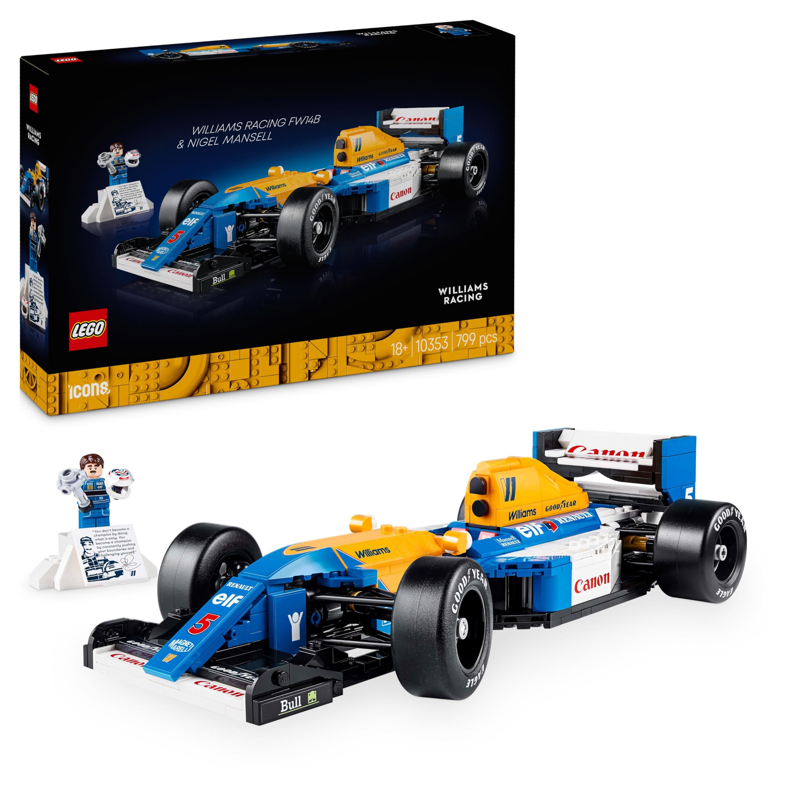 LEGO Icons Williams Racing FW14B e Nigel Mansell - Modellino di Auto F1 da Costruire con Minifigure del Pilota da Collezione, Trofeo e Supporto da Esposizione, Idea Regalo Adulti, Uomo o Donna 10353