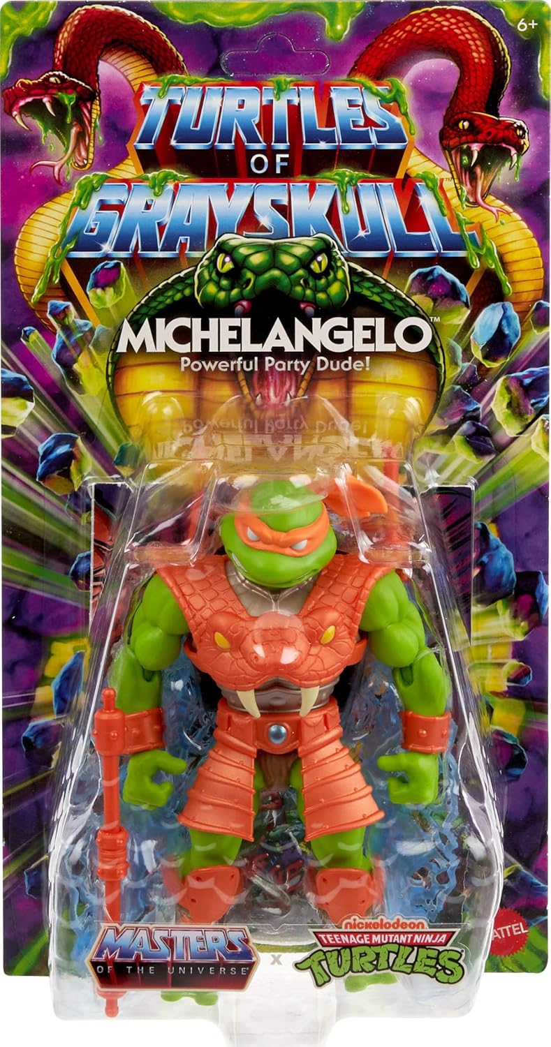 Masters of Universe Origins Turtles of Grayskull Michelangelo Reptile Wars Posable Action Figure, Teenage Mutant Ninja & MOTU Crossover Hero Mikey Toy