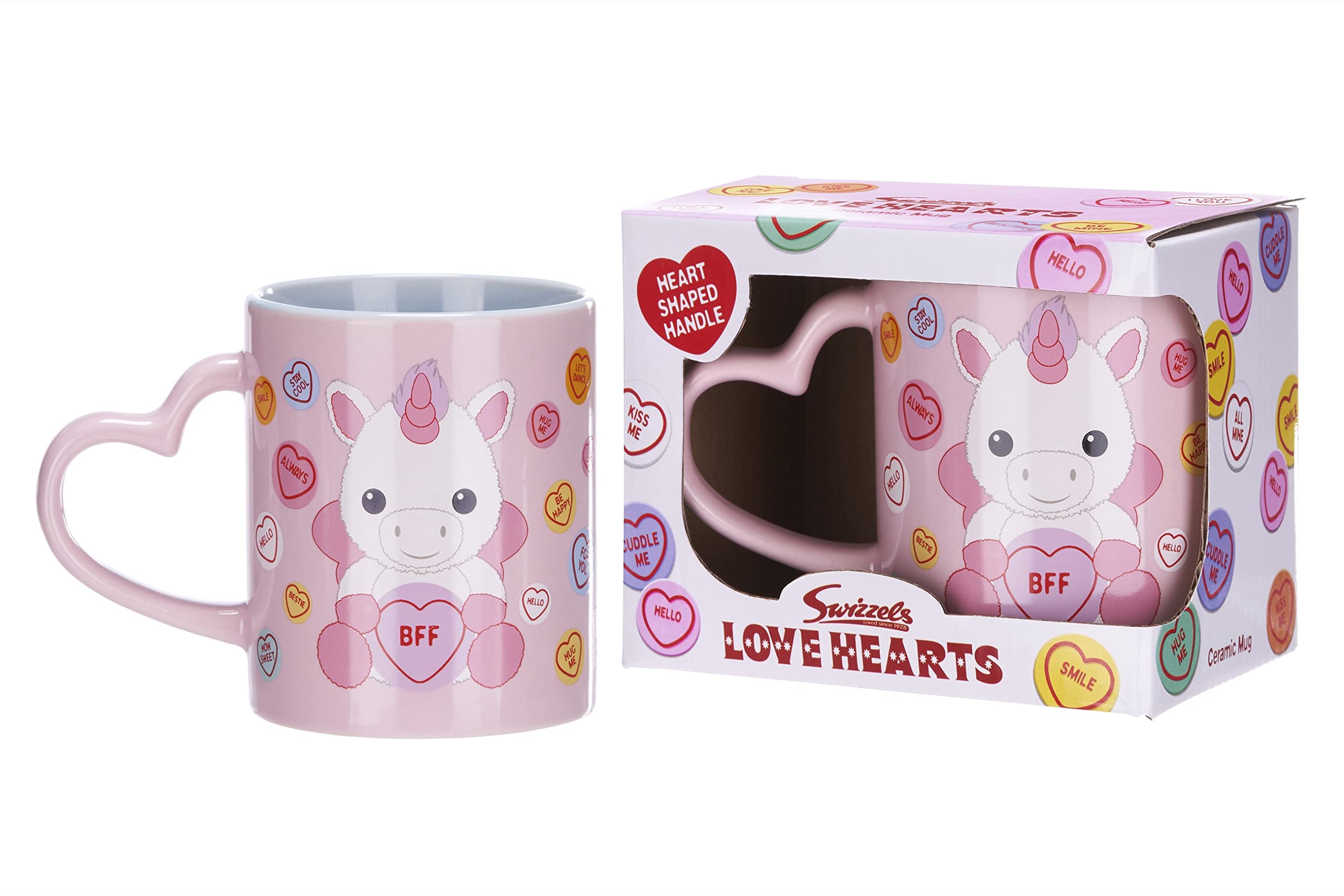 Posh Paws Swizzels Love Hearts 11OZ Sparkles The Unicorn BFF Heart Shaped Handle Ceramic Mug