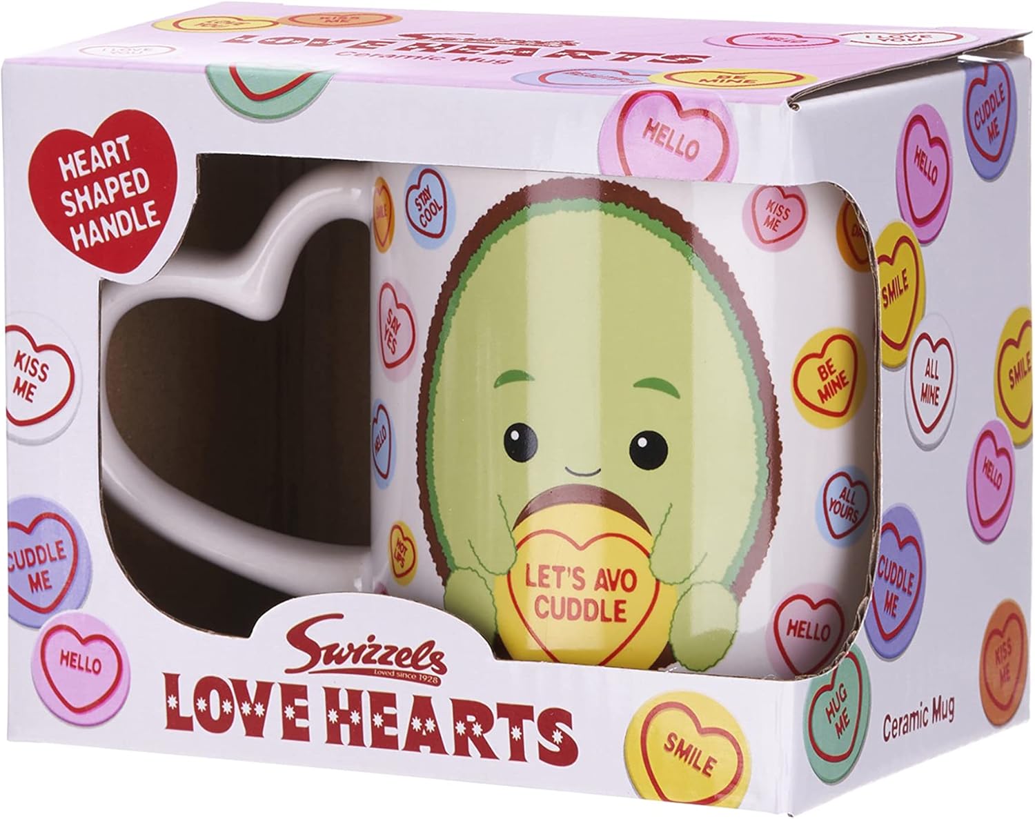 Posh Paws Swizzles Love Hearts 11OZ Alan The Avocado Let's AVO-Cuddle Heart Shaped Handle Ceramic Mug, White,37754