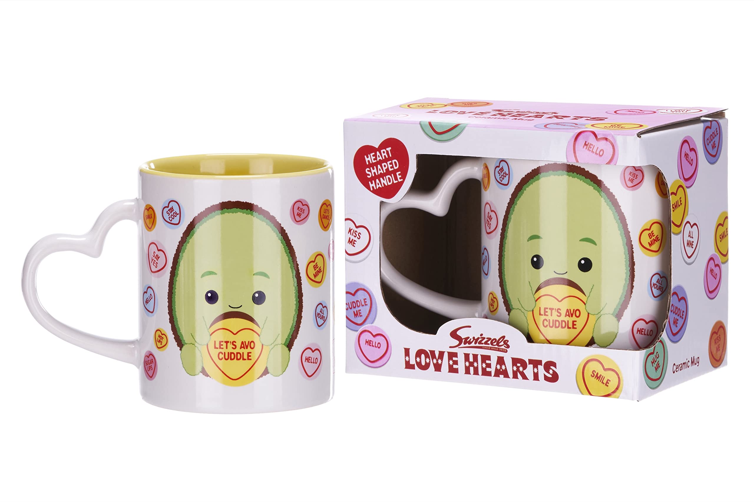 Posh Paws Swizzles Love Hearts 11OZ Alan The Avocado Let's AVO-Cuddle Heart Shaped Handle Ceramic Mug, White,37754