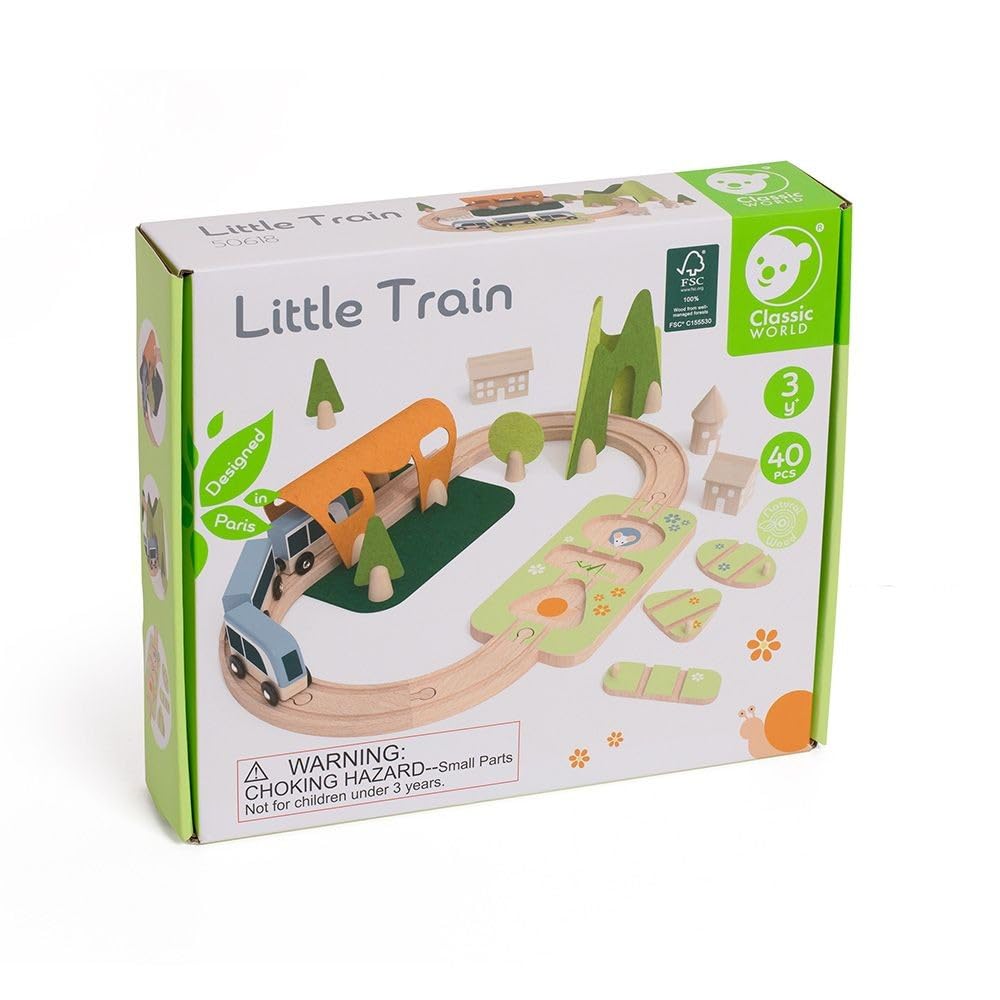 Classic World Set da gioco piccolo per pista ferroviaria in legno, 40 pezzi.