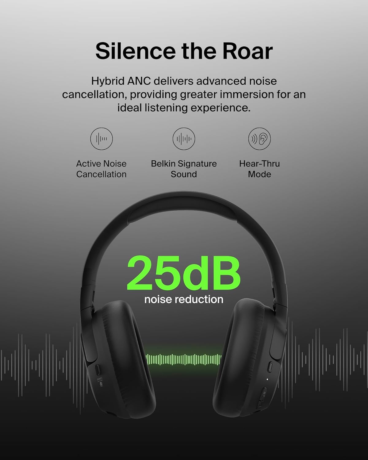Belkin SoundForm Isolate Noise-Cancelling Wireless Headphones, over ear headphones with mic, Bluetooth headphones with 60H playtime, deep bass, CloudCushion ear cups for travel, home, office - Black
