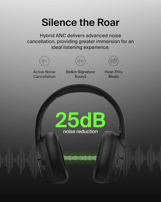 Belkin SoundForm Isolate Noise-Cancelling Wireless Headphones, over ear headphones with mic, Bluetooth headphones with 60H playtime, deep bass, CloudCushion ear cups for travel, home, office - Black