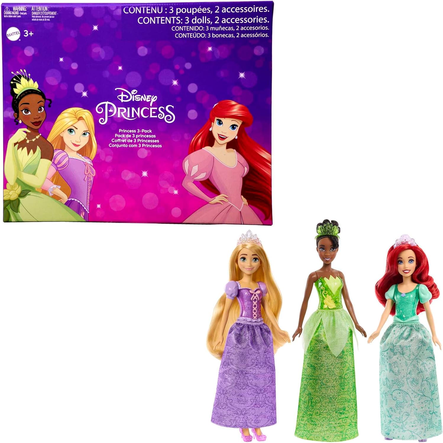 Mattel Disney Princess Toys, Tiana + Rapunzel + Ariel, Pack of 3 Fashion Dolls with Sparkling Clothing and Accessories Inspired by Disney Movies, HLW45