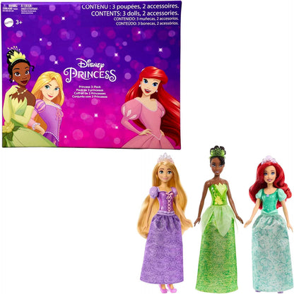 Mattel Disney Princess Toys, Tiana + Rapunzel + Ariel, Pack of 3 Fashion Dolls with Sparkling Clothing and Accessories Inspired by Disney Movies, HLW45