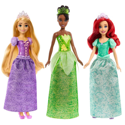Mattel Disney Princess Toys, Tiana + Rapunzel + Ariel, Pack of 3 Fashion Dolls with Sparkling Clothing and Accessories Inspired by Disney Movies, HLW45