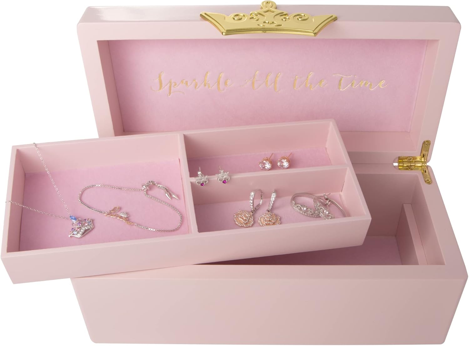 Disney - Princess Pink Solid Wood Lacquered Jewellery Box and Gold Plated Crown Clasp