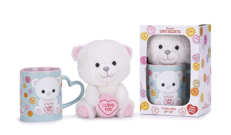 Posh Paws Swizzels Love Hearts Bronte 'I Love You' Bear 11OZ Mug & Plush Gift Set, Blue, 37742