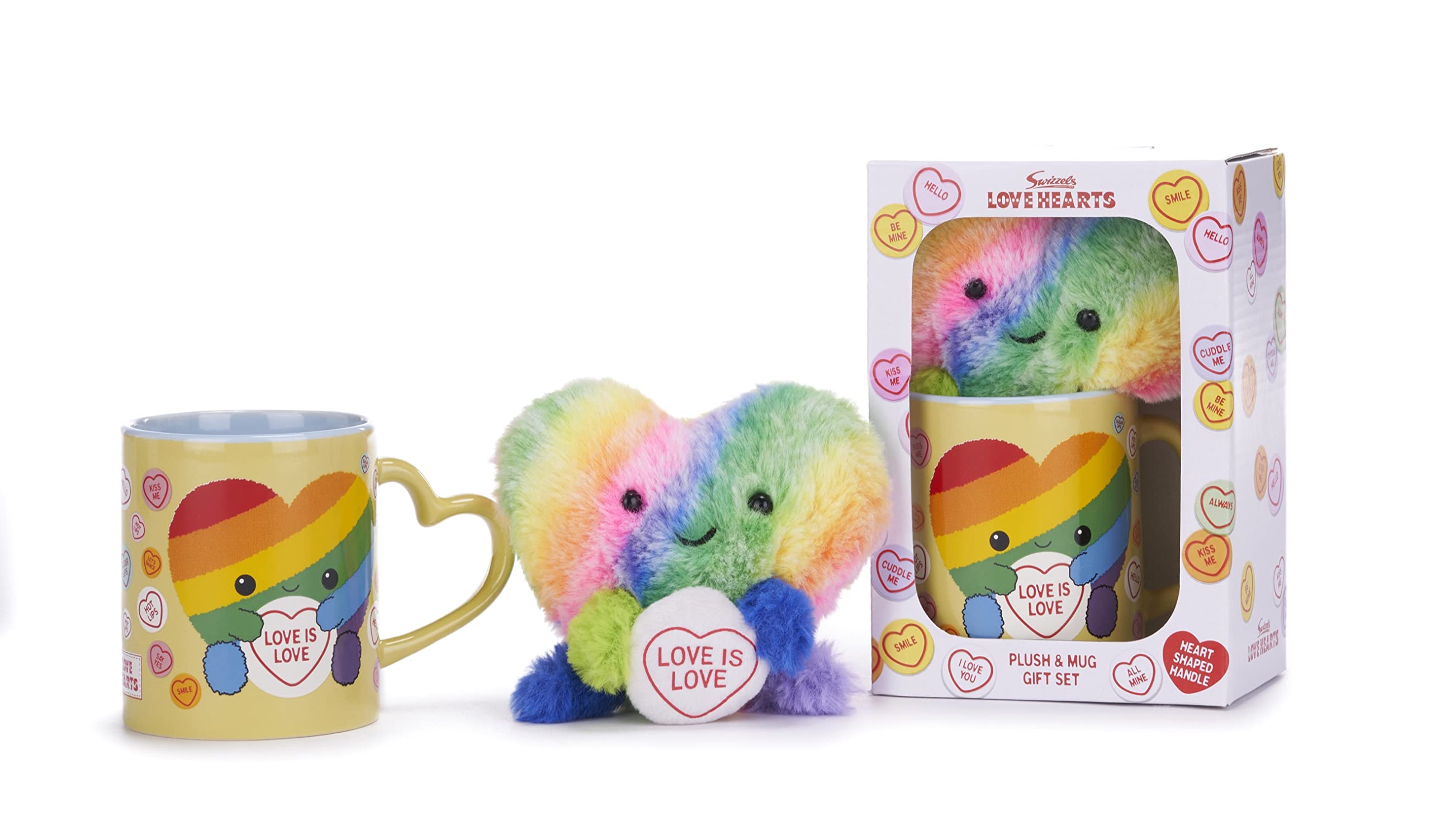 Posh Paws Swizzels Love Hearts Arty The Big Hearty 'Love is Love' 11OZ Mug & Plush Gift Set, Yellow, 37745