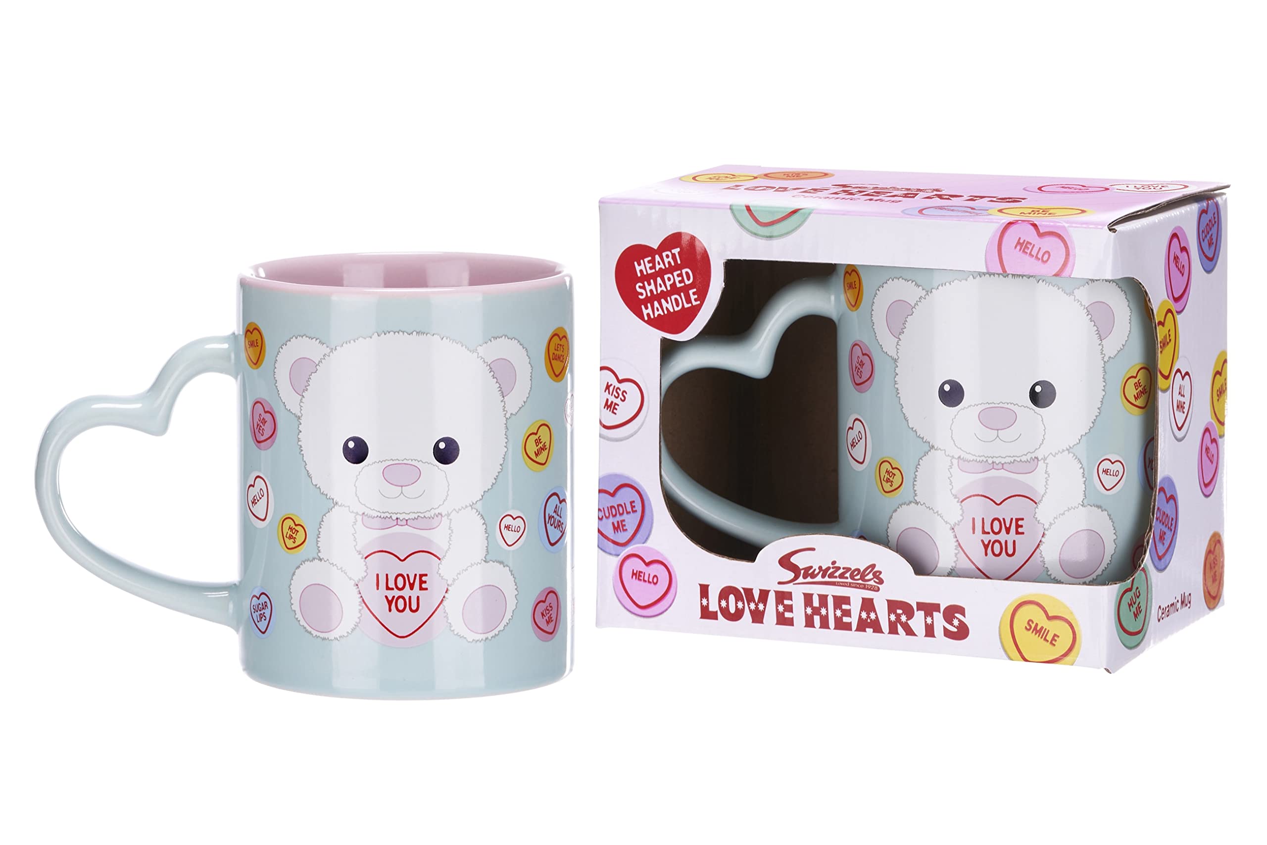 Posh Paws Swizzels Love Hearts 11OZ Bronte The Bear I Love You Heart Shaped Handle Ceramic Mug, Blue (37752