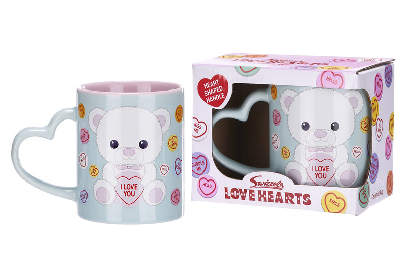 Posh Paws Swizzels Love Hearts 11OZ Bronte The Bear I Love You Heart Shaped Handle Ceramic Mug, Blue (37752