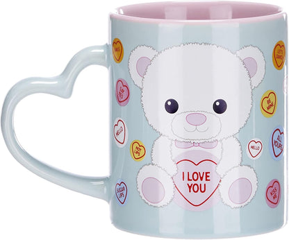 Posh Paws Swizzels Love Hearts 11OZ Bronte The Bear I Love You Heart Shaped Handle Ceramic Mug, Blue (37752