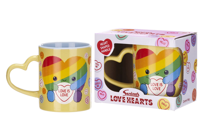 Posh Paws Swizzles Love Hearts 11OZ Arty The Big Hearty Love is Love Heart Shaped Handle Ceramic Mug, Yellow, (37755