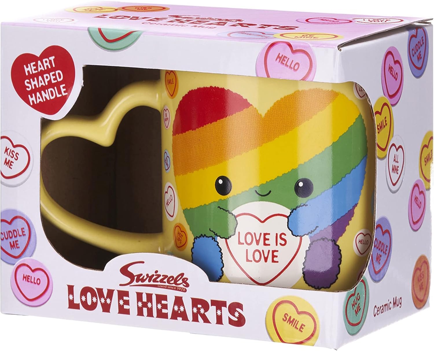 Posh Paws Swizzles Love Hearts 11OZ Arty The Big Hearty Love is Love Heart Shaped Handle Ceramic Mug, Yellow, (37755