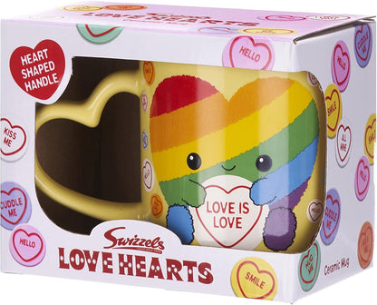 Posh Paws Swizzles Love Hearts 11OZ Arty The Big Hearty Love is Love Heart Shaped Handle Ceramic Mug, Yellow, (37755