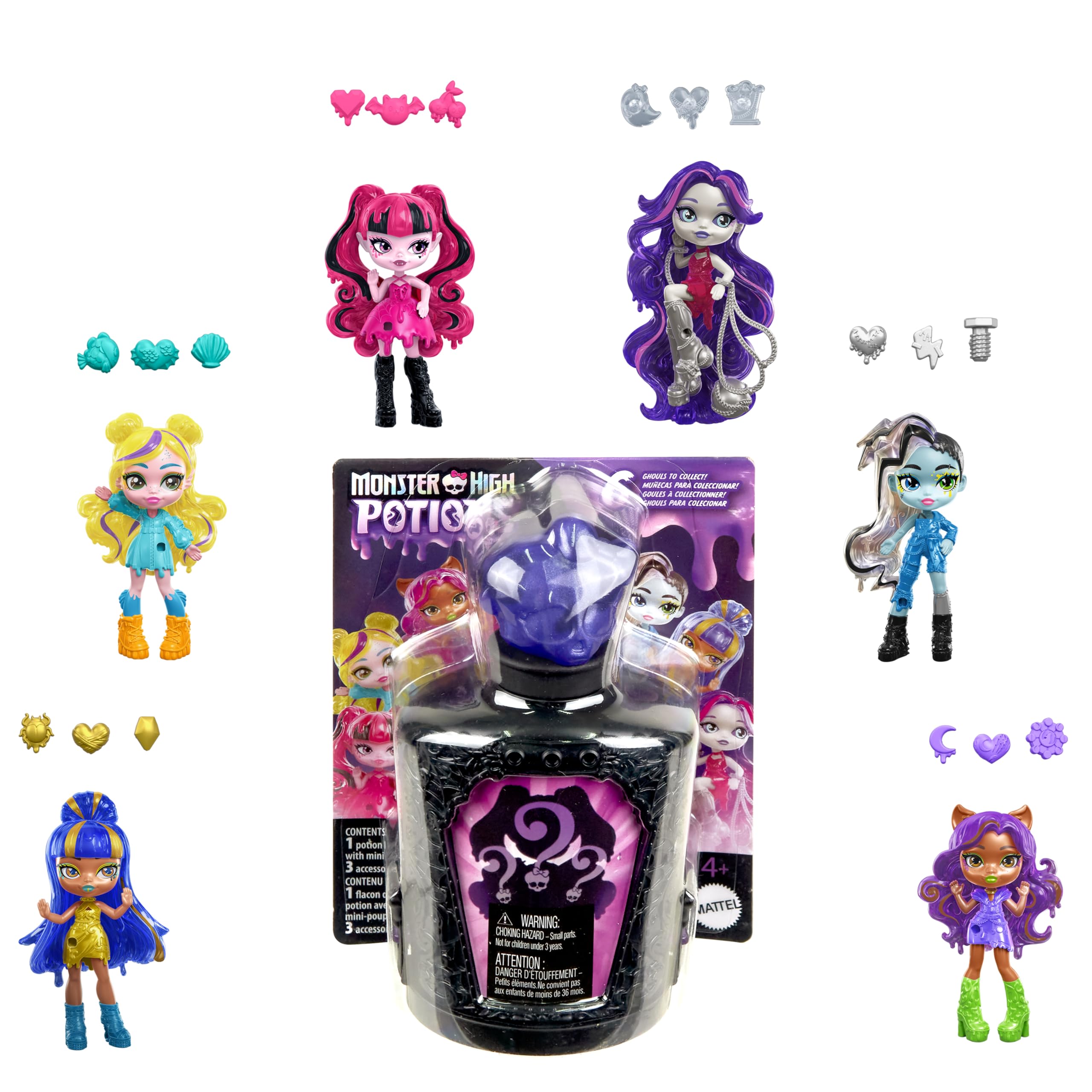 Monster High Toverdranken Minipoppen en Accessoires, Figuren van ongeveer 5 cm lang als verrassing, in fles om neer te zetten met wateronthulling en bedeltjes (personages kunnen variëren), HYB10