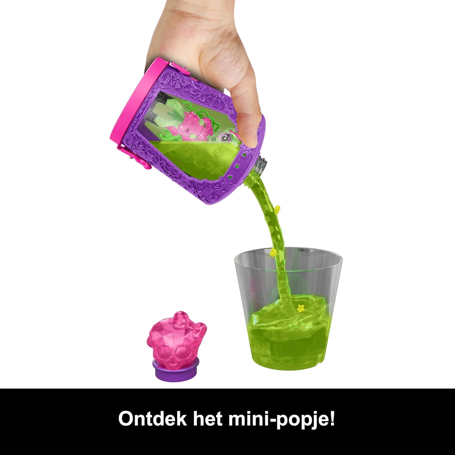 Monster High Toverdranken Minipoppen en Accessoires, Figuren van ongeveer 5 cm lang als verrassing, in fles om neer te zetten met wateronthulling en bedeltjes (personages kunnen variëren), HYB10