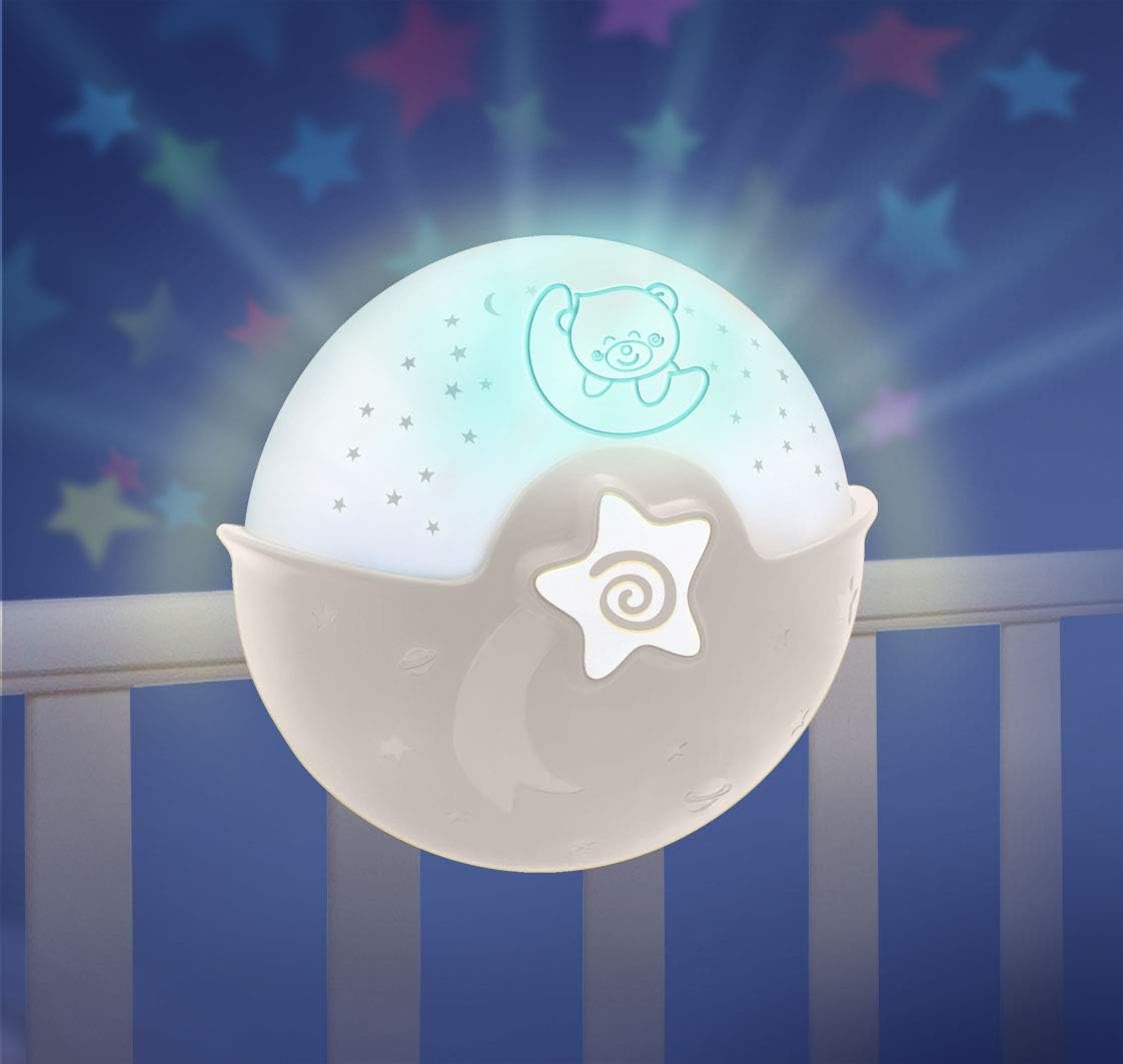 B Kids Infantino Luz Calmante y Proyector, Luz Nocturna con Clip para Cuna con Diseño Grow-with-Me, Proyector de Noche Estrellada y Luz de Mesa con Melodías y Sensores de Sonido Incorporados, Gris
