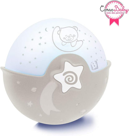 B Kids Infantino Luz Calmante y Proyector, Luz Nocturna con Clip para Cuna con Diseño Grow-with-Me, Proyector de Noche Estrellada y Luz de Mesa con Melodías y Sensores de Sonido Incorporados, Gris