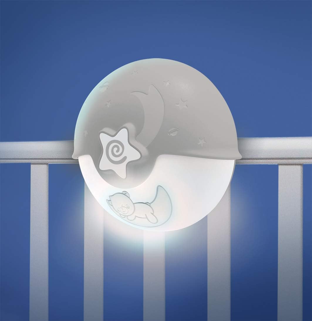 B Kids Infantino Luz Calmante y Proyector, Luz Nocturna con Clip para Cuna con Diseño Grow-with-Me, Proyector de Noche Estrellada y Luz de Mesa con Melodías y Sensores de Sonido Incorporados, Gris