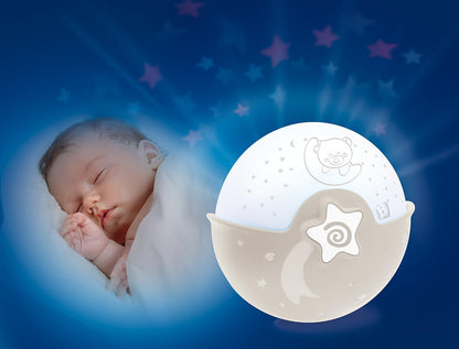 B Kids Infantino Luz Calmante y Proyector, Luz Nocturna con Clip para Cuna con Diseño Grow-with-Me, Proyector de Noche Estrellada y Luz de Mesa con Melodías y Sensores de Sonido Incorporados, Gris