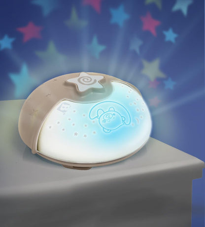 B Kids Infantino Luz Calmante y Proyector, Luz Nocturna con Clip para Cuna con Diseño Grow-with-Me, Proyector de Noche Estrellada y Luz de Mesa con Melodías y Sensores de Sonido Incorporados, Gris