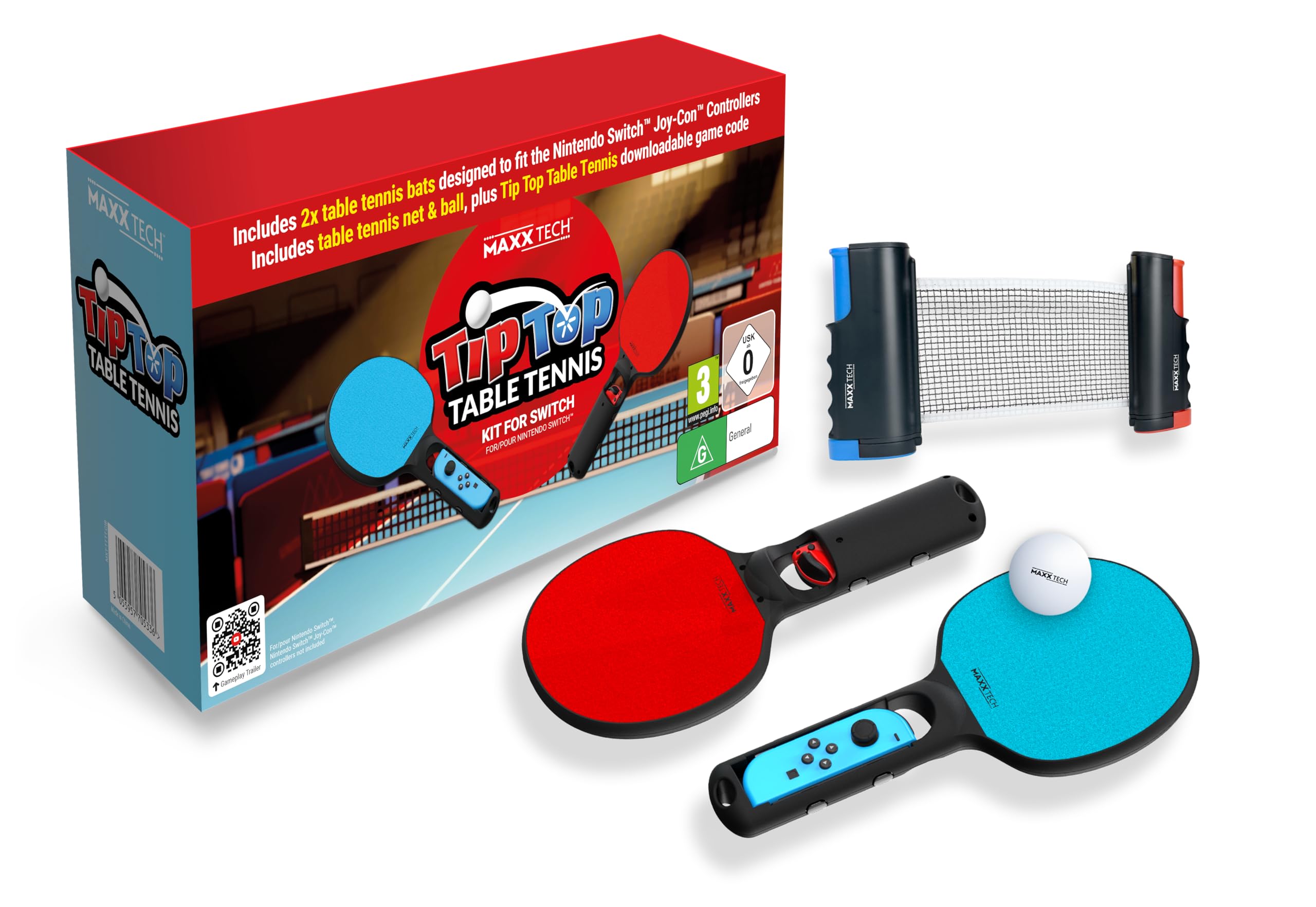 Maxx Tech Tip Top Table Tennis Kit For Nintendo Switch - Includes 2x table tennis bats, an adjustable net, a ping-pong ball and a digital game code for the Tip Top Table Tennis game