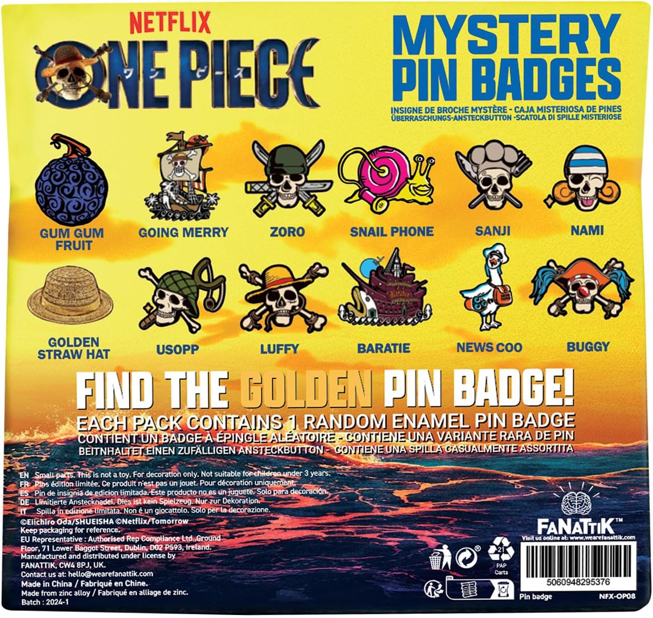 One Piece Mystery Pin Badge CDU Containing 12 Blind Boxes, Widest 43mm, tallest 56mm, Metall
