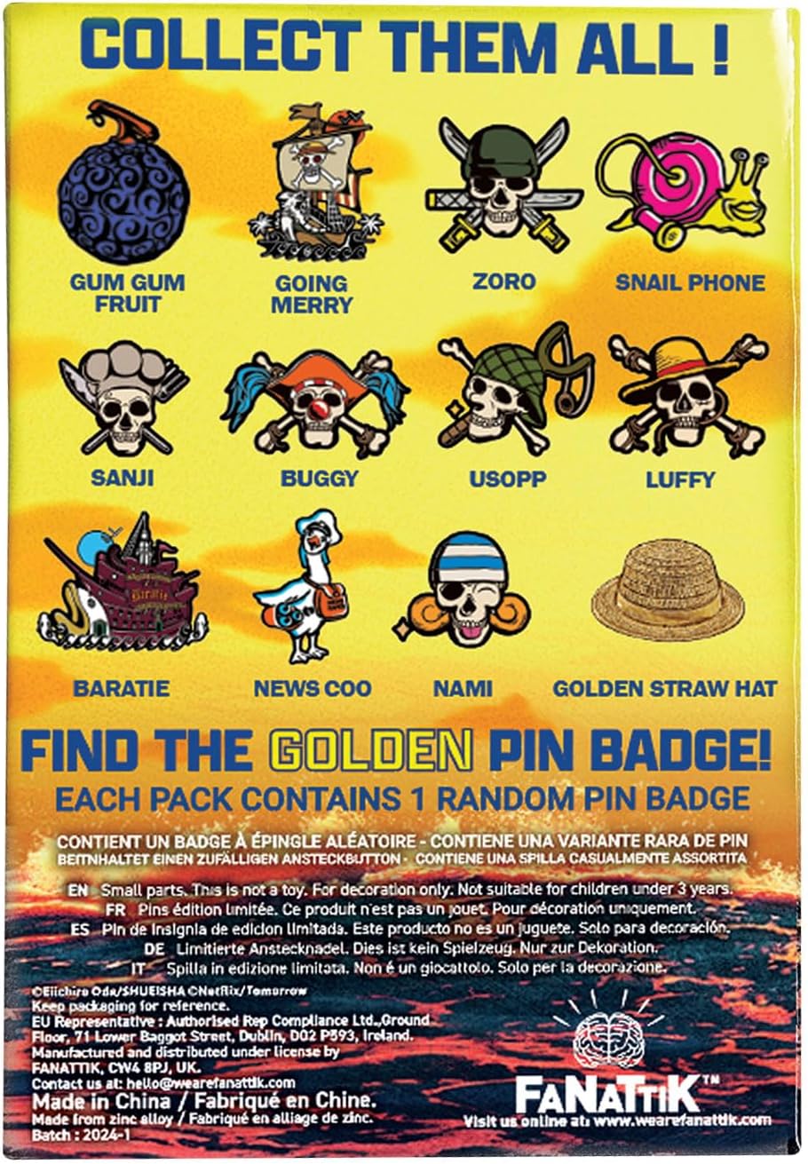 One Piece Mystery Pin Badge CDU Containing 12 Blind Boxes, Widest 43mm, tallest 56mm, Metall