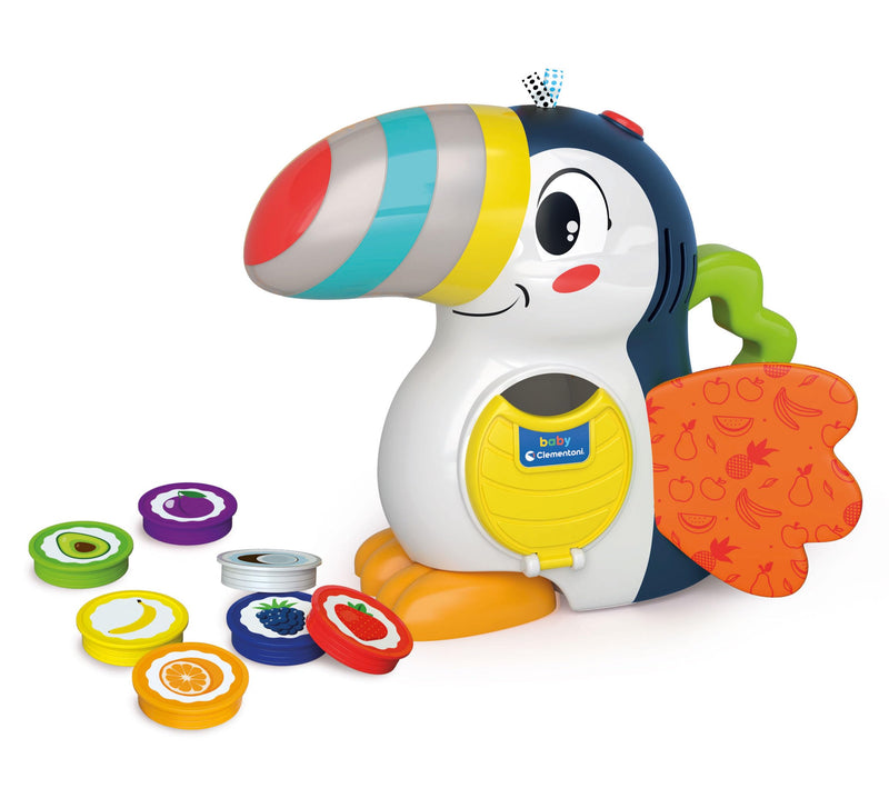 Clementoni Baby Giuliano Il Tucano, Centro attività Prima Infanzia per Bambini 12+ Mesi, 2 modalità di Gioco per Imparare Parole e Colori, con 7 Gettoni Frutta, Luce Notturna, Lingua Italiana, 17956