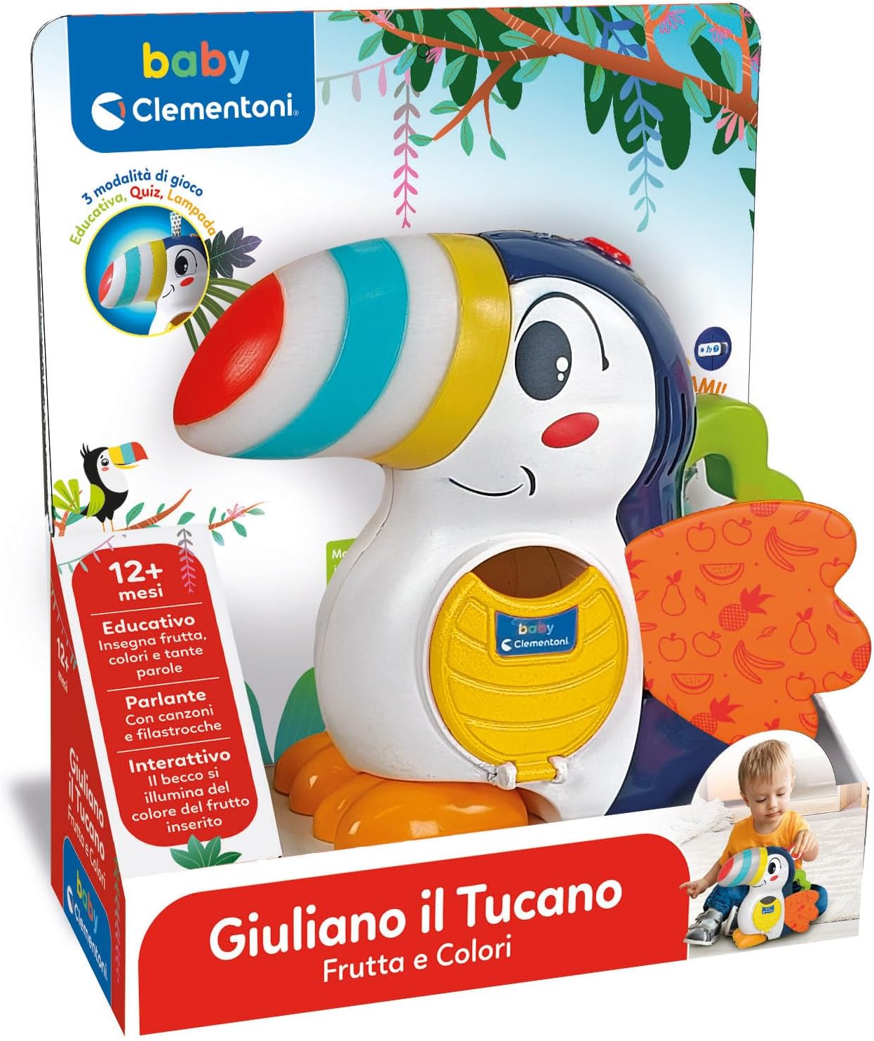 Clementoni Baby Giuliano Il Tucano, Centro attività Prima Infanzia per Bambini 12+ Mesi, 2 modalità di Gioco per Imparare Parole e Colori, con 7 Gettoni Frutta, Luce Notturna, Lingua Italiana, 17956