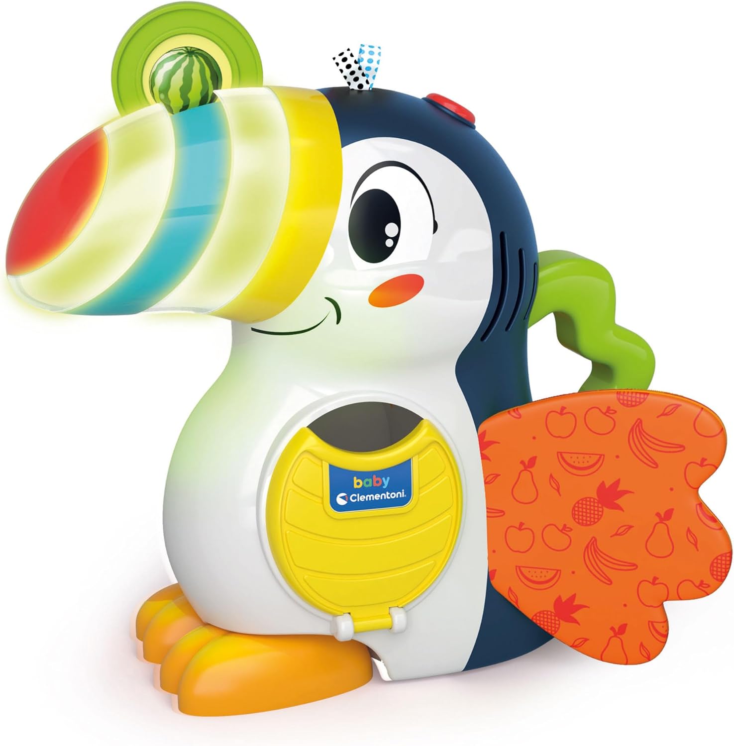 Clementoni Baby Giuliano Il Tucano, Centro attività Prima Infanzia per Bambini 12+ Mesi, 2 modalità di Gioco per Imparare Parole e Colori, con 7 Gettoni Frutta, Luce Notturna, Lingua Italiana, 17956