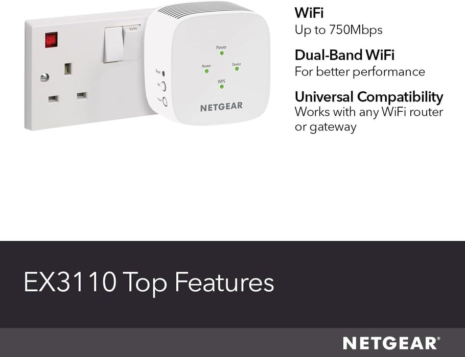 NETGEAR WiFi Range Extender (EX3110) – Add up to 650 sq.ft. and 20 devices with AC750 Dual-Band Wireless Signal Booster & Repeater (up to 750 Mbps Speed), Easy Setup, Compact Wall Plug Design, White
