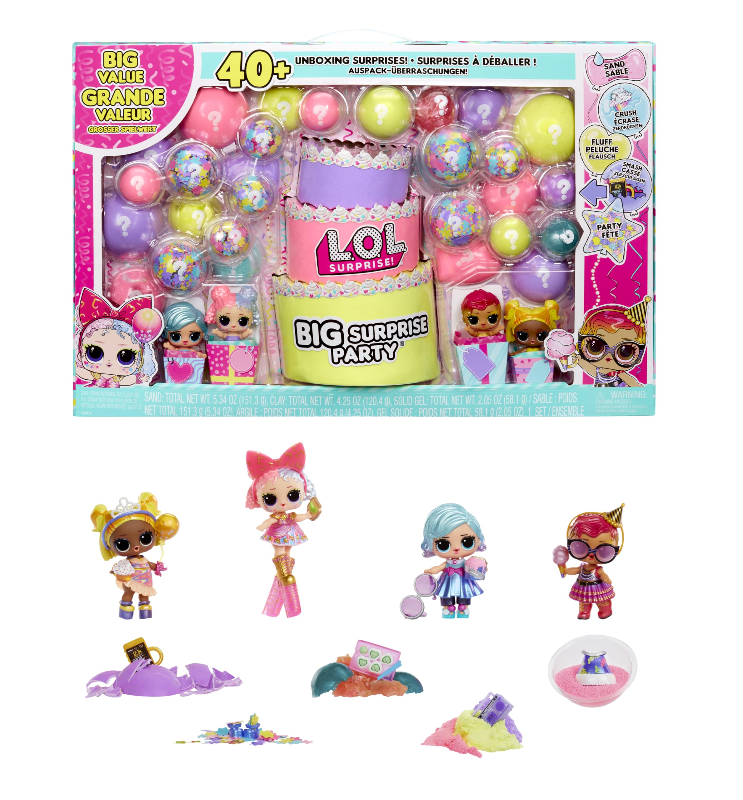 L.O.L. Surprise! Big Surprise Party - 4 Muñecas Coleccionables, 40+ Sorpresas, 5 Experiencias Unboxing, Moda, Arena, Gel Crush, Shell Smash, Fluff, Party Confetti, Regalo para Niñas a Partir de 4 Años