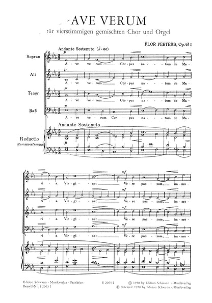 Peeters: Ave Verum, Op. 63 No. 1 (Mixed Voice Choir and Organ) (S20651