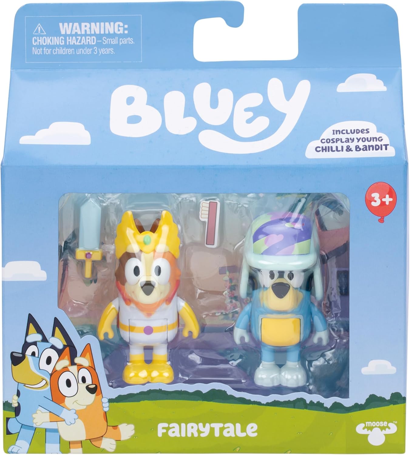 Bluey Figuur 2-Pack - Sprookjespakket, 6,35 cm figuren van chili in haar She-Ra-kostuum en bandiet met zijn hoed, recreëren favoriete momenten uit de aflevering - sprookje