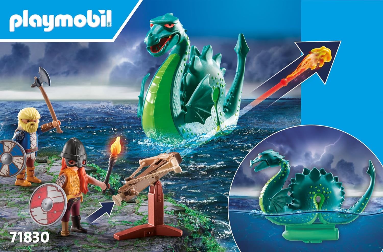 PLAYMOBIL | Vikingo con Monstruo Marino | Juguete Educativo para niñas y niños de 4+ años | Set de Juego imaginativo | Figura de dragón & Barco Vikingo | Juguete para fomentar la Creatividad | 71830