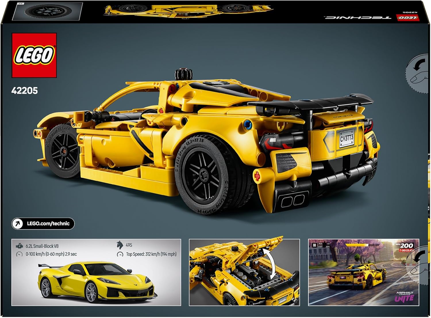LEGO Technic Chevrolet Corvette Stingray Race Car Toy, 8-Cylinder Engine and Differential - Vehicle Model Kit - Birthday Gift for 9+ Year Old Boys, Girls or Adult Motorsport Fans - 42205
