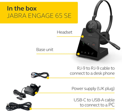 Jabra Engage 65 SE Stereo Wireless Headset Professional calls, DECT Security, 13 Hour Battery, 50m range, all-day comfort with base, power supply, USB-C cable, Online Meeting App Compatibility,EU plug