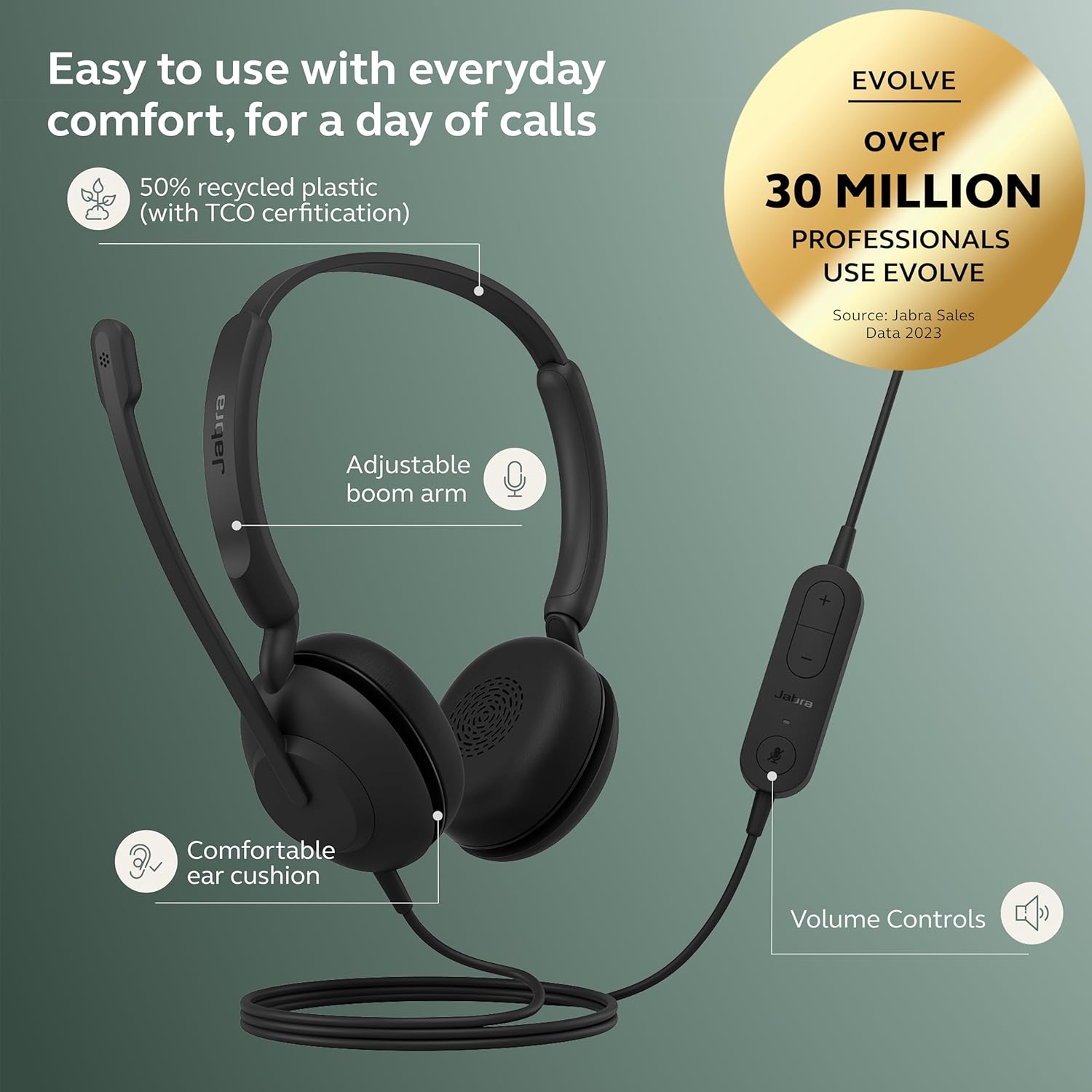 Jabra Evolve 10 Office Headset, Noise Cancelling Microphone, Compact Lightweight Design, 270 Degree Rotational Boom Arm, USB-A Wired Connectivity, Black