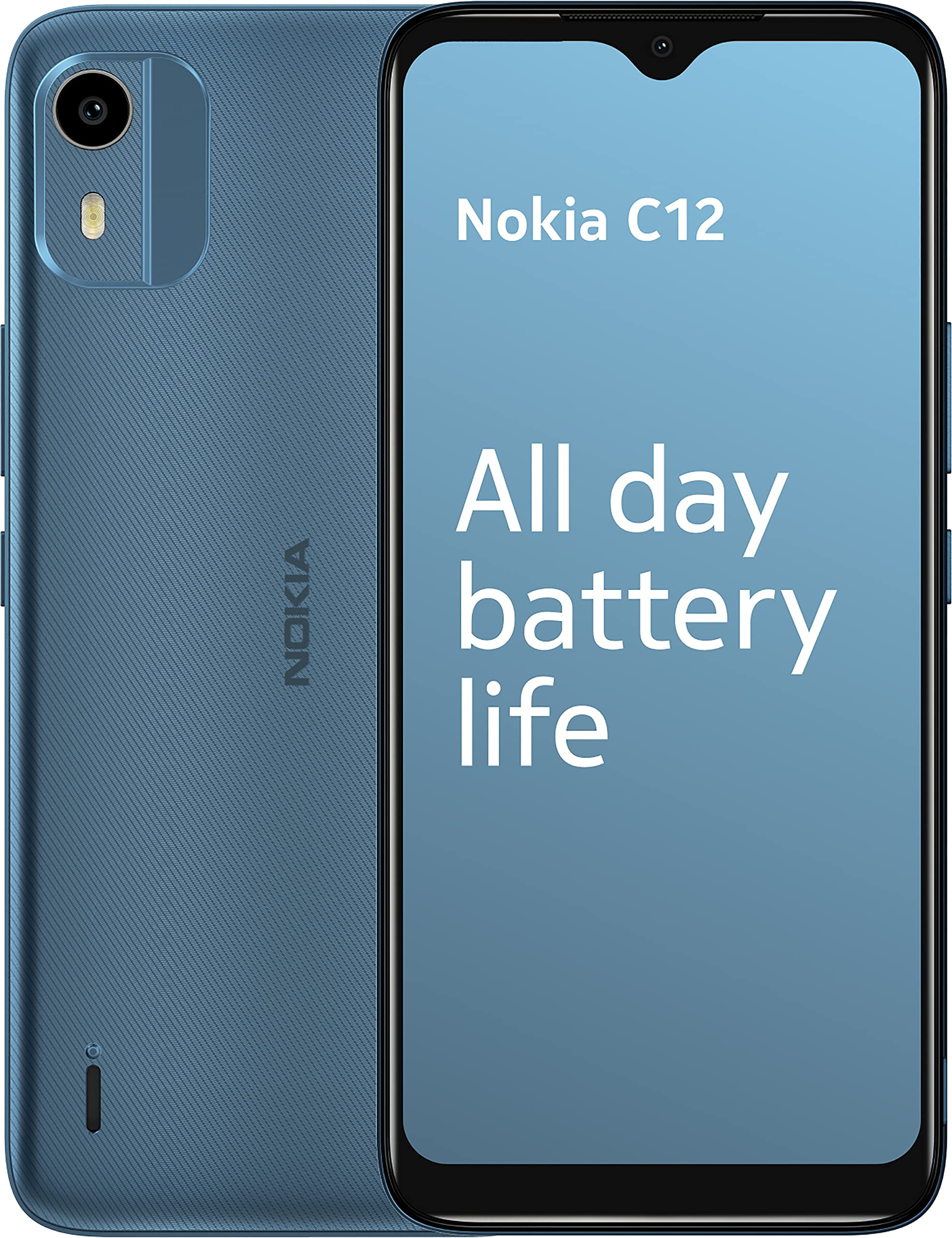 Nokia C12 6.3” HD+ Dual SIM Smartphone, Android 12 (Go edition), Octa-core 2GB RAM/64GB ROM, 8MP Rear /5MP Front Cameras, Night & Portrait modes, IP52 Rating, 3000mAh Battery - Cyan
